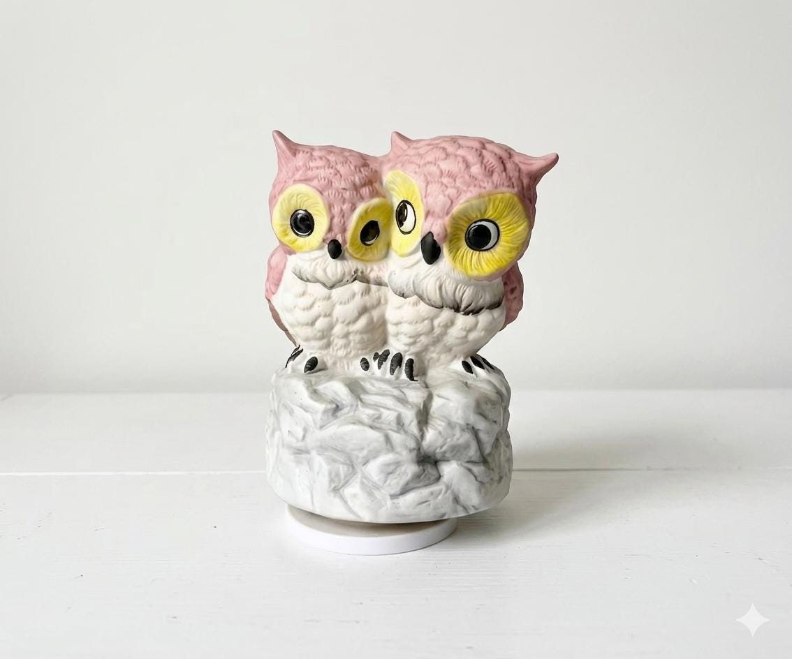 Vintage Pink and Yellow Owl Wind-Up Music Figurine – Ceramic Rotating Whimsical Kitschy Wide E