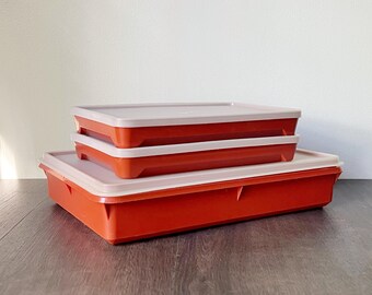 Vintage Tupperware Paprika Red Set of 3 – Rectangular Cold Cut Keeper 290-7 & Bacon / Deli Meat Keeper 1292-7 with Lids – Read Description