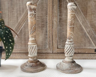 Wooden carved boho chic candle stick holder, wood white washed candle stick, decorative rustic tall candle stick holder display.