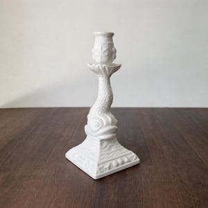 One Vintage Portuguese Creamware Koi Fish Candlestick 9” With Sculptural Nautical Design – Minimalist White Dolphin Style Taper Candlestick