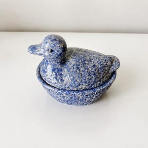Vintage Blue Speckled Ceramic Duck Tureen Lidded Covered Serving Farmhouse Dish