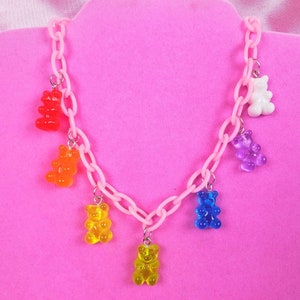 Rainbow Gummy Bear Pastel Pink Chain Choker Necklace Handmade Jewelry Handmade Necklace Fun Necklace Funky Necklace Charm Necklace