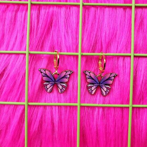 Pink Butterfly Gold Earrings Y2K 90'S Early '00s Kitschy Harajuku Kawaii Pastel Goth Gift Idea