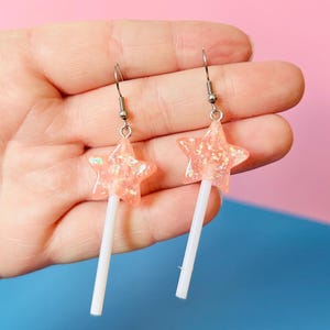 Glittery Pink Star Lollipop Earrings Kitsch Kitschy Earrings Kawaii Earrings Candy Earrings Funny Earrings Funky Earrings Fun Earrings
