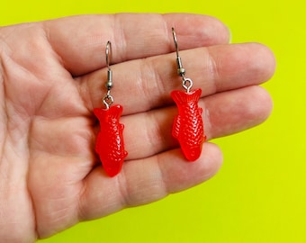 Red Fish Candy Earrings Kitschy Earrings Food Earrings Funny Earrings Weird Earrings Funky Earrings Fun Earrings Handmade Resin Earrings