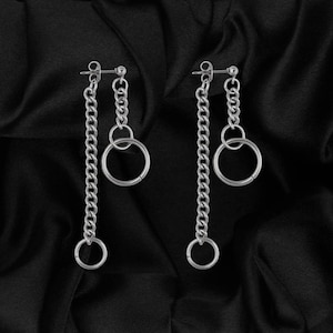 Dangly Stainless Steel Chain Stud Earrings Chain Drop Earrings Kpop Earrings Kpop Jewelry Grunge Simple Jewelry Handmade Earrings