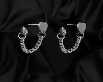 Dangly Chain Heart Earrings Chain Earrings Kpop Earrings Grunge Earrings Funky Earrings Simple Jewelry Handmade Earrings Alien Bratz Punk