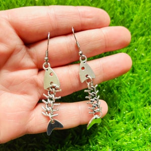 Silver Fish Bone Earrings Funny Gag Gift Halloween Earrings Kitsch Earrings Funky Earrings Weird Earrings Rave Earrings Grunge Earrings