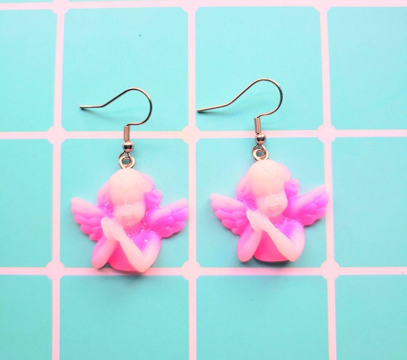 White and Pink Angel Cherub Y2K 90/'s Early /'00s Earrings Harajuku Kawaii Pastel Goth Adorable Cute Tumblr Nostalgic