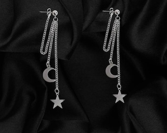 Dangly Moon and Stars Chain Earrings Stainless Steel Kpop Earrings Grunge Earrings Funky Earrings Simple Jewelry Handmade Earrings Punk Goth