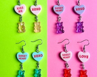 Colorful Candy Heart Earrings Valentine's Day Earrings Handmade Earrings Pastel Colors Dainty Jewelry Dainty Earrings V-Day Earrings