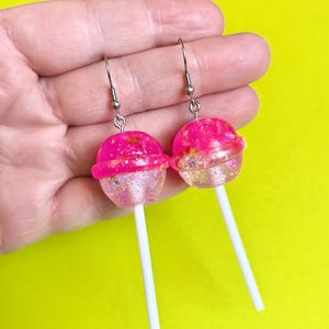 Glittery Pink Lollipop Earrings Kitsch Kitschy Earrings Kawaii Earrings Candy Earrings Funny Earrings Funky Earrings Fun Earrings Funky