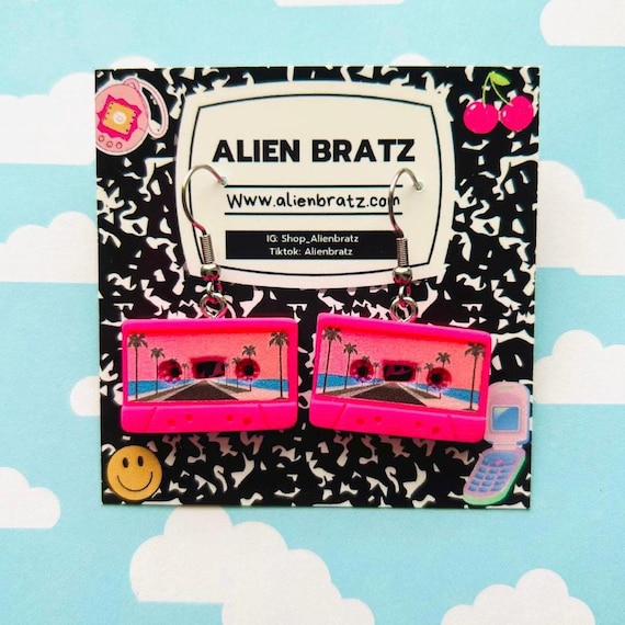 Hot Pink Tape Cassette Earrings Dangly Earrings Dangly Jewelry Handmade Earrings Handmade Jewelry 80’s Earrings 90’s Earrings Funky
