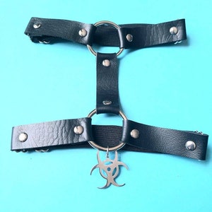Black Faux Leather BioHazard Thigh Garter Goth Punk Grunge EGirl Eboy Trendy Accessory Halloween Cosplay Lingerie Sexy Alienbratz