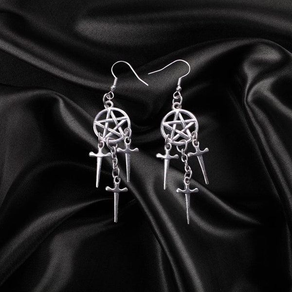Dagger Pentagram Chain Earrings Stainless Steel Dangly Earrings Punk Earrings Goth Earrings Egirl Eboy Grunge Punk Rock Emo Free Shipping
