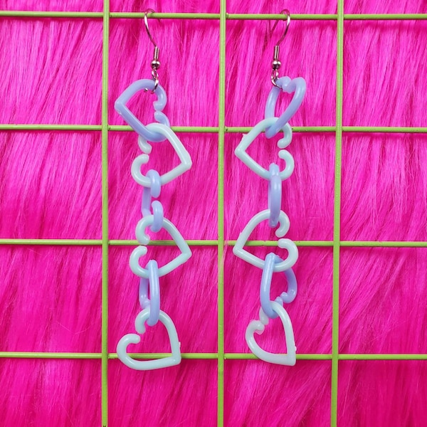 Pastel Blue Heart Chain Earrings Y2K Aesthetic 90's Earrings Handmade Earrings Handmade Jewelry Kitsch Earrings Funky Earrings Alien Bratz