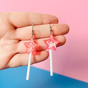 Glittery Pink Star Lollipop Earrings Kitsch Kitschy Earrings Kawaii Earrings Candy Earrings Funny Earrings Funky Earrings Fun Earrings