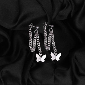 Dangly Stainless Steel Butterfly Chain Stud Earrings KPop Earrings Punk Earrings Punk Jewelry Simple Jewelry Handmade Earrings Alienbratz