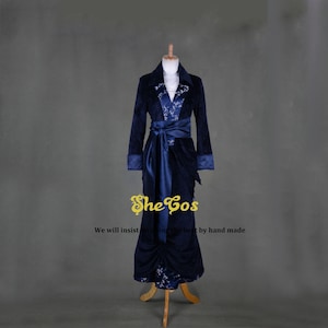 Handgefertigtes Titanic Rose Kostüm, blaues Samt-Kleid, Mantel & Schal