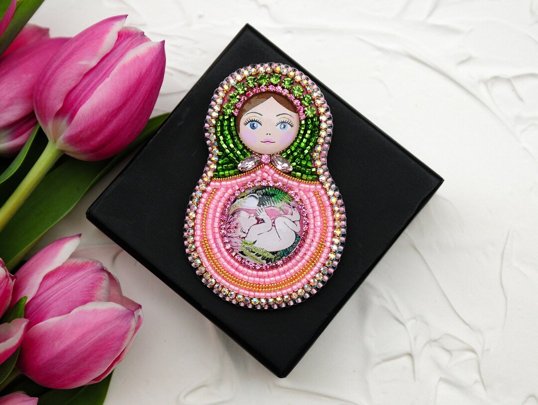 Pink Pregnant Matryoshka Brooch, Women's Accessories, Gift, Nesting
