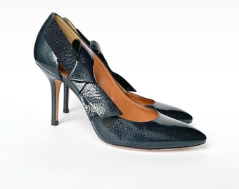 Blumarine leren hoge hakken met strik, blauwe schoenen maat 37