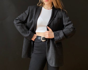 Vintage 90's Grey-Black Classic Check Blazer Casual Elegant Oversized Jacket Chunky Wool Tweed Blazer Size 50 L/XL