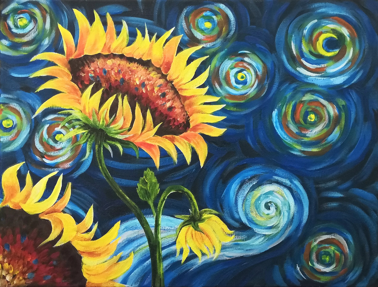 Sunflower Tribute to Van Gogh Starry Night Flower Blue Etsy