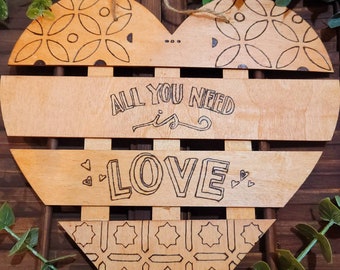 Handmade Valentine's Day Wood Heart Decor | Love Is All You Need | Woodburned | Home Decor | Valentine's Day Decor | Heart Decor | Sign