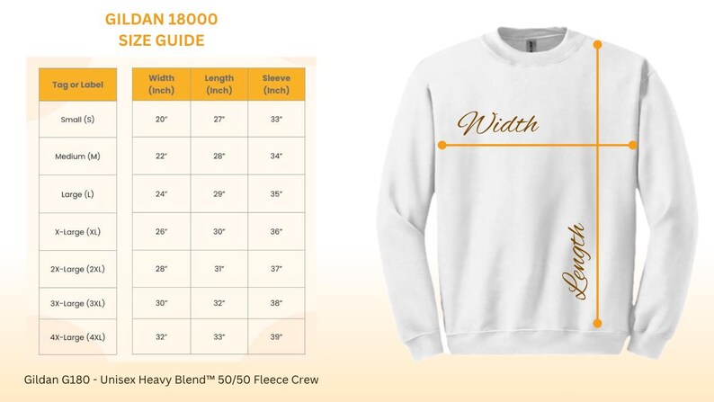 Op de afbeelding: Wit Gildan sweatshirt met maattabel. De maattabel toont afmetingen in inches voor breedte, lengte en mouw voor maten Small tot 4X-Large. Het sweatshirt heeft de woorden "Breedte" en "Lengte" in script.