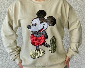 Mickey Mouse Crewneck Sweatshirt, Ironed Sequin Embroidery Disney Sweatshirt, Ironed Mickey Mouse Patch, Winter Sweatshirt, Disney Inspired