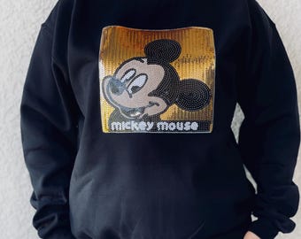 Mickey Mouse Crewneck Sweatshirt, Ironed Sequin Embroidery Disney Sweatshirt, Ironed Mickey Mouse Patch, Winter Sweatshirt, Disney Inspired