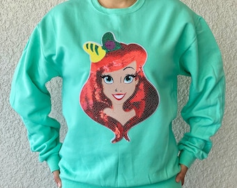 Disney Princess Sweatshirt, Disney Ironed Embroidery Sequin Sweatshirt, Ironed Ariel Patchwork, Little Mermaid Ariel Winter Crewneck