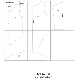 Op de afbeelding: Een zwart-wit printbaar naaipatroon voor een mouwloos shirt. Het patroon bevat instructies voor het uitsnijden van de voor-, achterkant en mouwen van het shirt. Het patroon is voor maat 62-68, wat geschikt is voor een baby van 3-6 maanden. Het patroon bevat de maten voor de lengte (62-68 cm) en de borstomvang (47-49 cm).