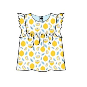 May include: A white sleeveless top with a yellow lemon print and ruffled sleeves.