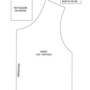 Op de afbeelding: Een zwart-witte lijntekening van een patroon voor een mouwloos shirt voor een kinderkledingstuk. Het patroon is gemarkeerd met "Voorzijde, 1x op de vouw knippen" en bevat een testvierkant van 2x2 inch. Het patroon is voor maat 62-68, 3-6 maanden, met een lengte van 62-68 cm en een borstomvang van 47-49 cm.