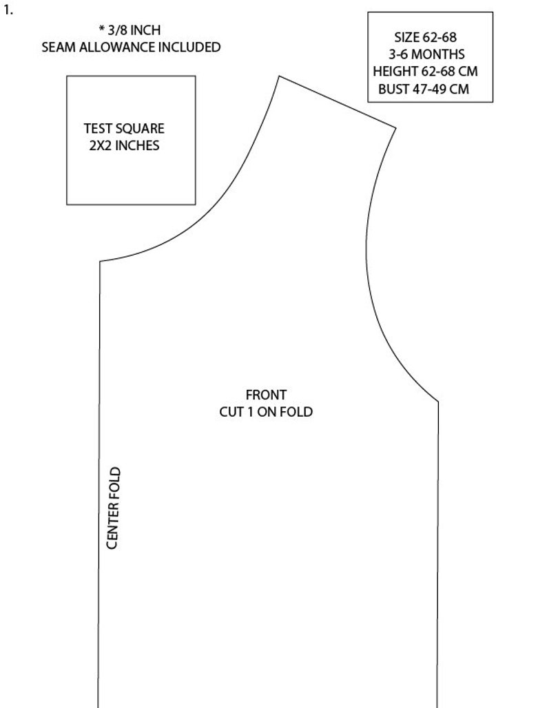 Op de afbeelding: Een zwart-witte lijntekening van een patroon voor een mouwloos shirt voor een kinderkledingstuk. Het patroon is gemarkeerd met "Voorzijde, 1x op de vouw knippen" en bevat een testvierkant van 2x2 inch. Het patroon is voor maat 62-68, 3-6 maanden, met een lengte van 62-68 cm en een borstomvang van 47-49 cm.