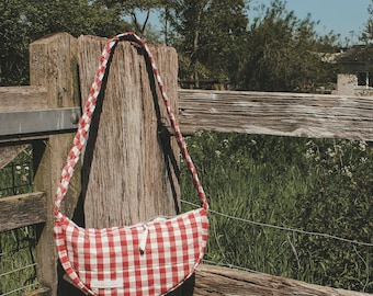 Handmade Quilted Gingham Crescent Bag | Crossbody Braided Strap Shoulder Bag | Sustainable Hobo Bag | Slow Fashion Gift | Made To Order | UK