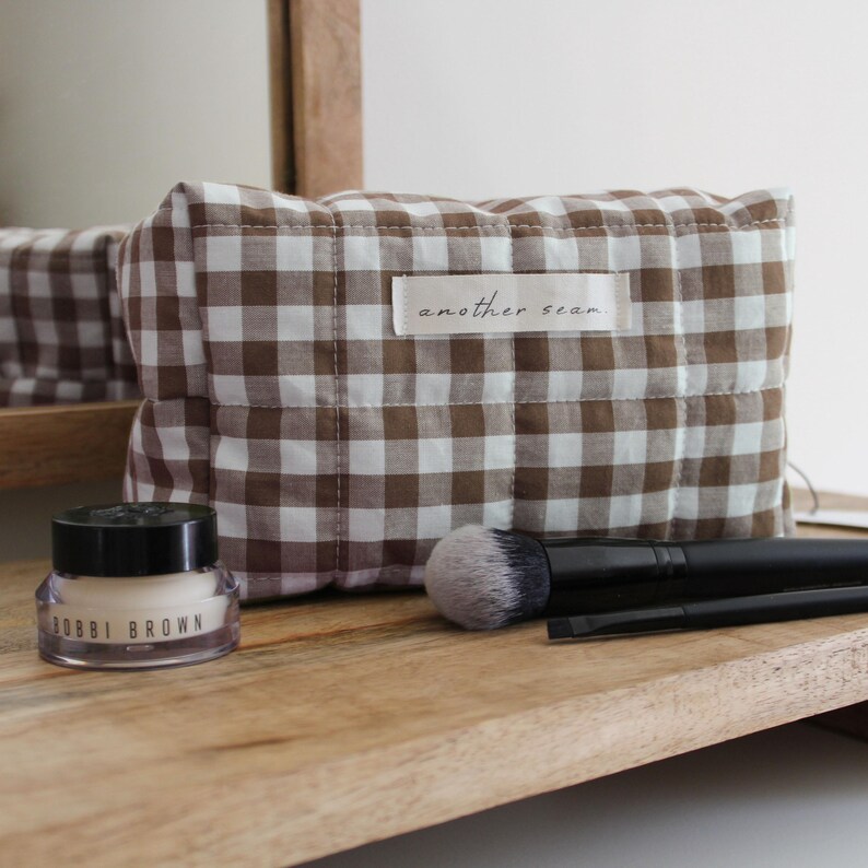 Handmade Quilted Makeup Bag | Sustainable Floral/Gingham Cotton Cosmetics Pouch | Made To Order image 2