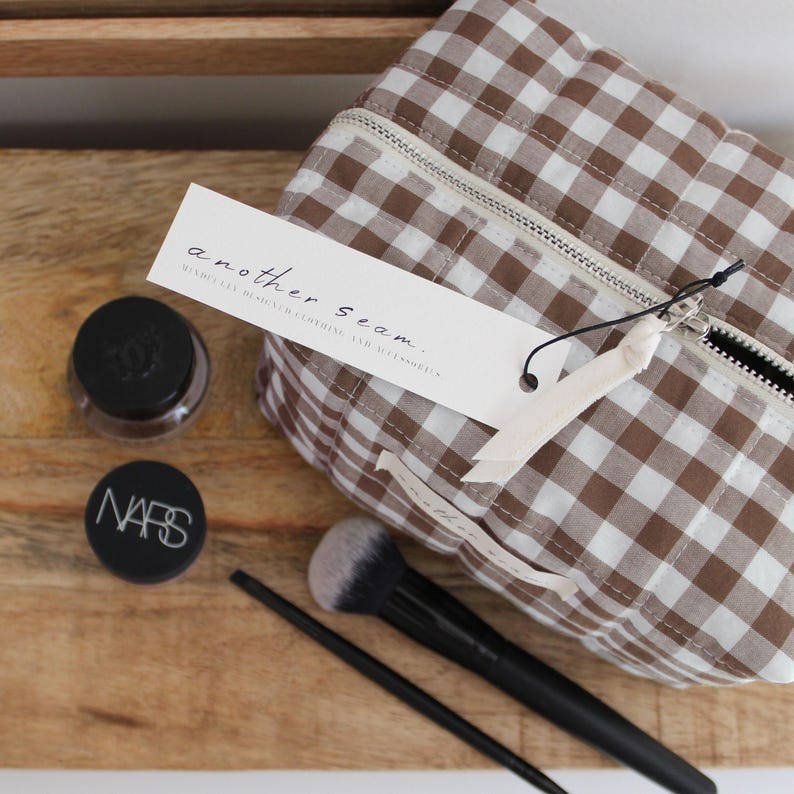 Handmade Quilted Makeup Bag | Sustainable Floral/Gingham Cotton Cosmetics Pouch | Made To Order image 1