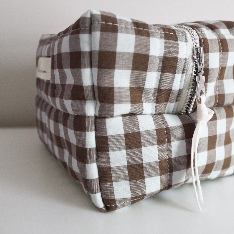 Handmade Quilted Makeup Bag | Sustainable Floral/Gingham Cotton Cosmetics Pouch | Made To Order image 4