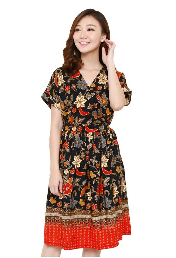 batik dress design pattern Batik Dress for Women Short Sleeve Gold Stamped Design with Belt