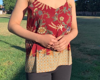 Vintage Batik Tie Shoulder Top: Indonesian Floral Gold Pattern
