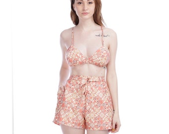 Indonesian Batik Vintage Modern Unique Premium Bikini Ribbon Short Pants Set Floral Swirl