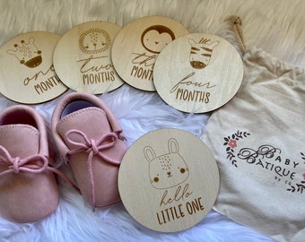 Wooden Baby Milestone Discs: Animal Theme, Monthly Photo Markers