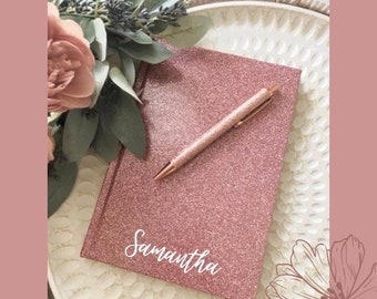 Glitter Personalised Note Book & Rose Gold Pen, Self care, Diary, Journal, Back to school, Best friend gift