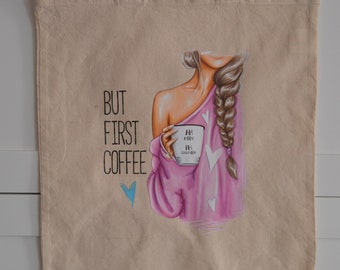 Ecologische draagtas, natuurlijke kleur, roze "But first coffee" patroon, aanpasbaar, voornaam