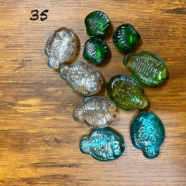 Fish and shells glass gems/marbles for mosaic use or aquarium, vase fillers, translucent fish and shell shaped glass pieces for decor or art