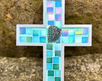 Cross mosaic for any room, original design, iridescent glass cross, crucifix, religious decor, soft art, contemporary art for home, family