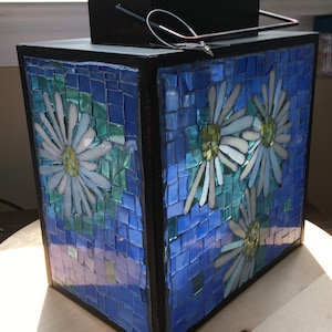 Mosaic candle lantern stained glass daisies art, modern rectangular hand-cut glass, blue white color, unique design; summer or winter decor