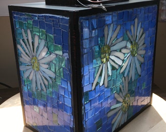 Hand-Cut Stained Glass Mosaic Lantern: Daisy Art, Blue & White Decor